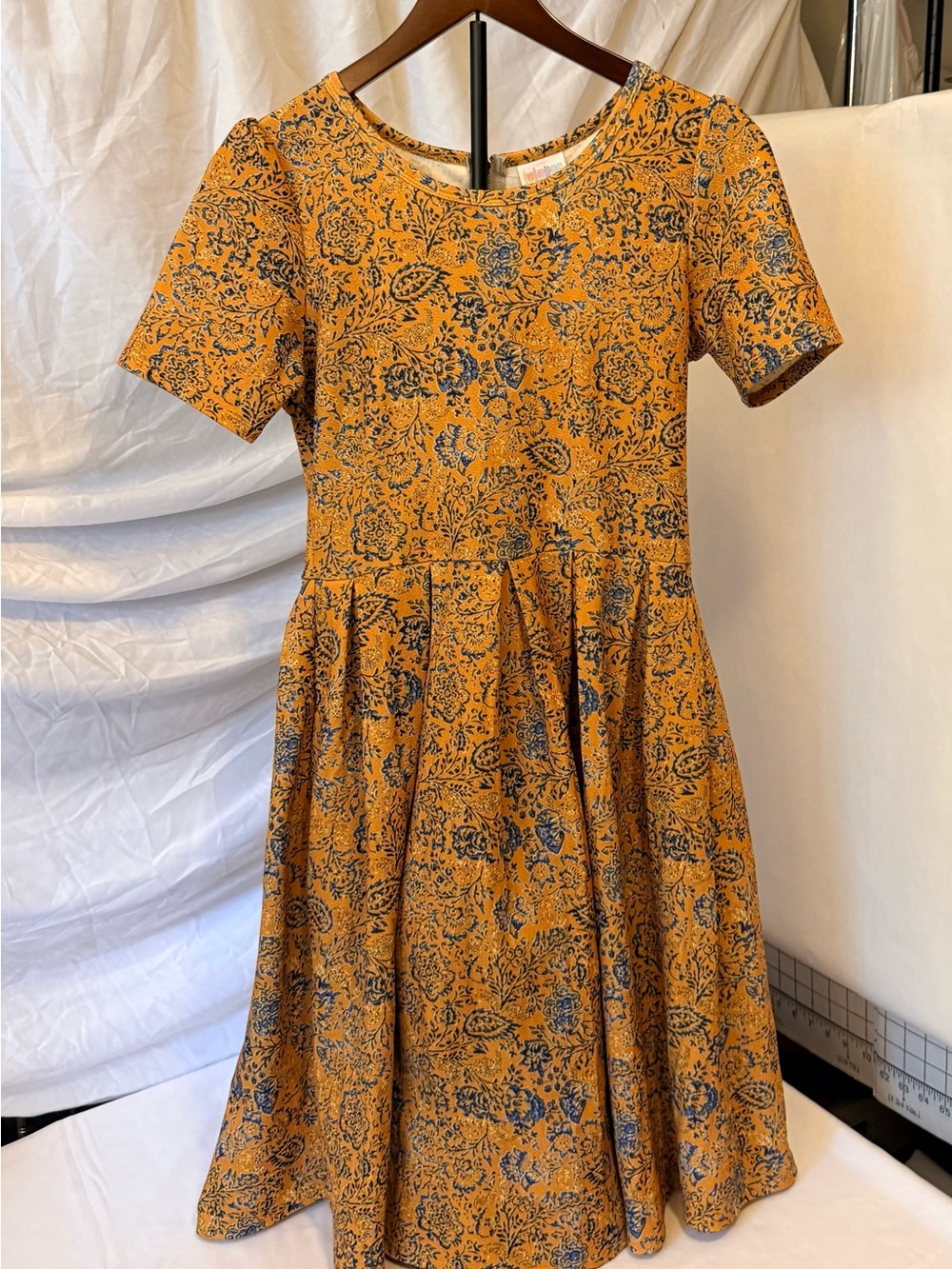 LuLaRoe Mustard Yellow and Navy Floral Dress Size Medium (HH12)